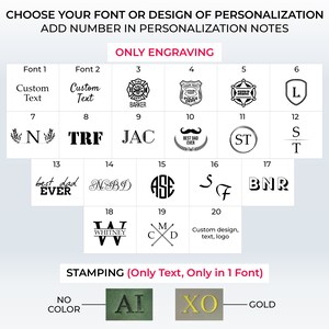 Pu&ograve; includere: Un grafico che mostra diverse opzioni di font e design per la personalizzazione. Le opzioni sono suddivise in due categorie: "Solo incisione" e "Timbratura (solo testo, solo in 1 font)". Le opzioni di incisione includono una variet&agrave; di font, design e loghi. Le opzioni di timbratura includono una variet&agrave; di font e colori.