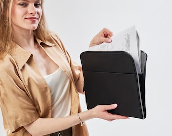 Black document folder, A4 leather folio, Document sleeve with pocket, Zipper folder organizer, Leather document folder custom