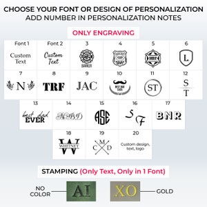 Op de afbeelding: Een grafiek met verschillende lettertype- en ontwerpmogelijkheden voor personalisatie. De opties zijn onderverdeeld in twee categorie&euml;n: "Alleen graveren" en "Stempelen (alleen tekst, alleen in 1 lettertype)". De graveeropties omvatten een verscheidenheid aan lettertypen, ontwerpen en logo's. De stempelopties omvatten een verscheidenheid aan lettertypen en kleuren.