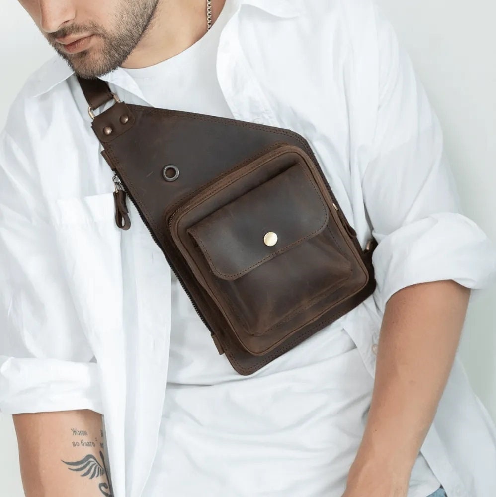Leather Chest Bag Men Chest Bag Shoulder Travel Bag Mens Chest Bag Chest Purse Men Chest Sling Bag Small Bags for Men Small Sling Bag Etsy