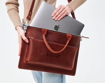 Laptoptasche aus Leder für Damen, Leder Laptoptasche Damen 16, Leder Laptoptasche 13 Zoll mit Reißverschluss, Leder Laptoptasche für MacBook Air