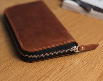 Leather Long Wallet for Women, Zipper Wallet Women, Brown Wallet