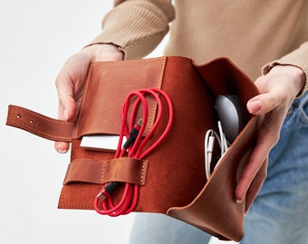 Leather charger case, Coworker gift, Leather cable organizer, Travel cable bag, Leather cable pouch, Leather tech bag, Travel cord organizer
