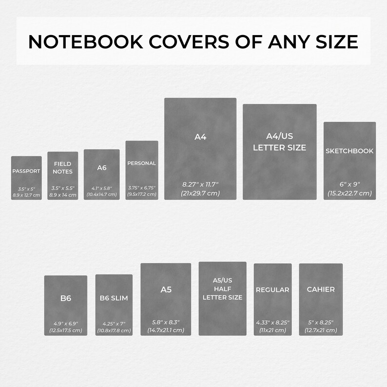 Op de afbeelding: Een grafiek met verschillende notitieboekgroottes in inches en centimeters. De formaten omvatten Passport, Field Notes, A6, Personal, A4, A4/US Letter Size, Sketchbook, B6, B6 Slim, A5, A5/US Half Letter Size, Regular en Cahier.
