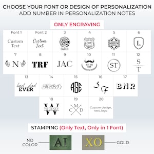 May include: A chart showing different font and design options for personalization. The options are divided into two categories: "Only Engraving" and "Stamping (Only Text, Only in 1 Font)". The engraving options include a variety of fonts, designs, and logos. The stamping options include a variety of fonts and colors.