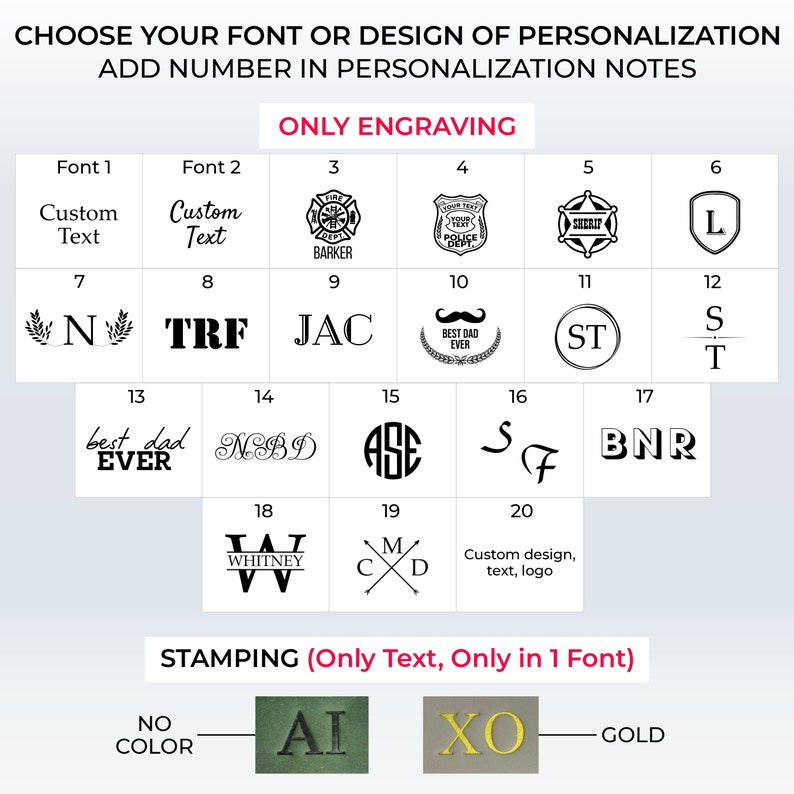 May include: A chart showing different font and design options for personalization. The options are divided into two categories: "Only Engraving" and "Stamping (Only Text, Only in 1 Font)". The engraving options include a variety of fonts, designs, and logos. The stamping options include a variety of fonts and colors.