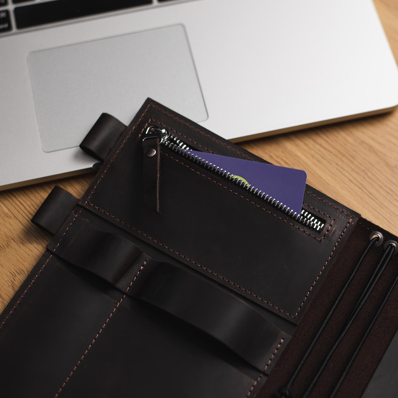 May include: A brown leather notebook with a zippered pocket and a card inside. The notebook has multiple slots for pens or other items.