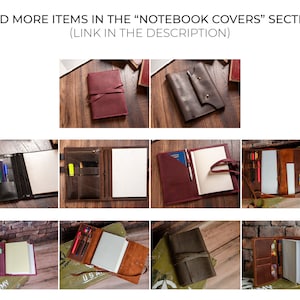 May include: A collection of leather notebook covers in various colors and styles. The covers are open to reveal blank pages and pockets for pens and other accessories. Some covers have a strap closure.