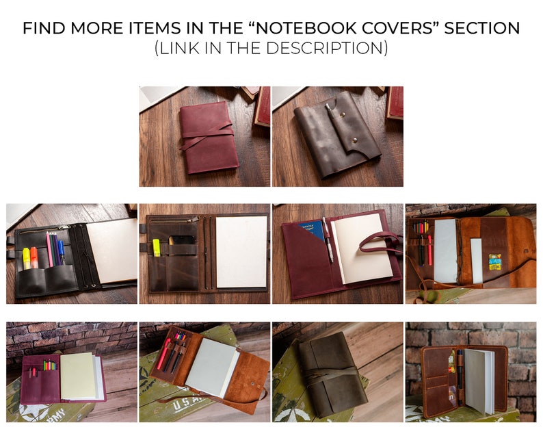 May include: A collection of leather notebook covers in various colors and styles. The covers are open to reveal blank pages and pockets for pens and other accessories. Some covers have a strap closure.