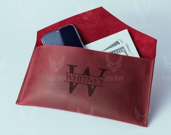 Cartera de mano para mujer con iniciales, Regalo de cuero para ella, Cartera de mano de cuero para mujer, Cartera de mano tipo sobre, Cartera de mano personalizada