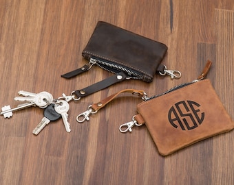 Monedero con llavero de cuero, Tarjetero con llavero, Monedero con llavero con cremallera, Monedero con llavero, Monedero para llaves de coche, Pequeños regalos de Navidad