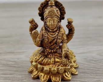 Lakshmi Ma Statue | Goddess of Prosperity Travel Size Altar Statue All Brass 2.5"
