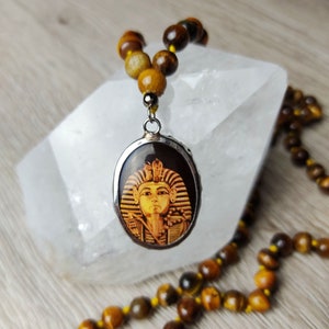 Egypt King Tutankhamun Pendant with Real Tiger Eye Beads Mala Necklace 34&quot;