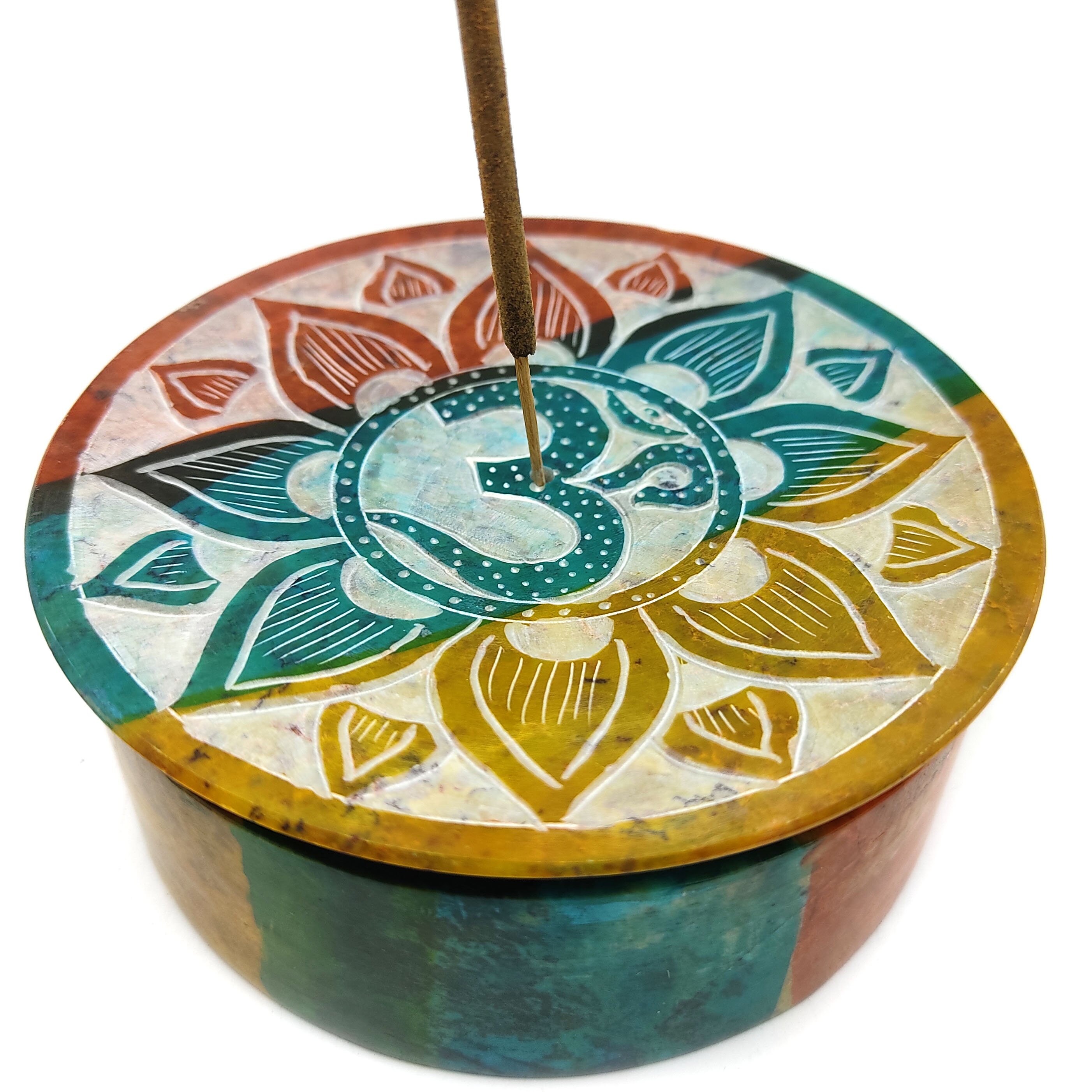 Om Soapstone Handpainted Stick Incense Box Decorative Burner Etsy