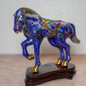 Vintage Chinese Cloisonné Horse Figurine Statue Enameled Brass On Wooden Base - 5.5&quot; Long