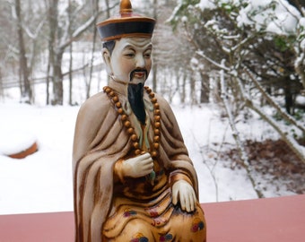 Vintage Qing Dynasty Ceramic Emperor Statue with Chaozhu Necklace - 16" Tall