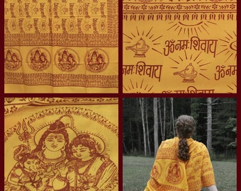 Flame Yellow Large Meditation Yoga Prayer Shawl - Shiva, Parvati and Ganesh