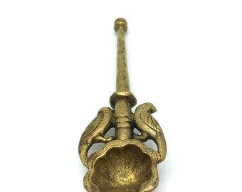 Vintage Brass Hawan Pooja Spoon with Parrots | Hindu Worship Spoon -  7.5" Long