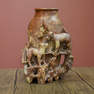 Vintage Chinese Soapstone Hand Carved Unique Decorative Vase - 8.5&quot; Tall