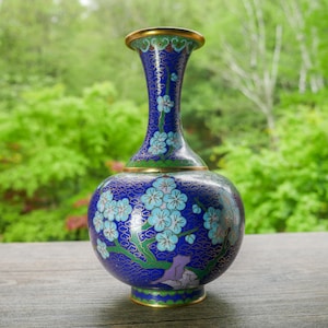 Vintage Blue Chinese Floral Cloisonné Enameled Vase - 8.5&quot; Tall