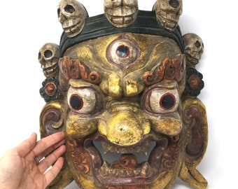 Tibetan Wooden Buddhist Wall-Hanging Mahakala Mask Nepal Handcrafted 14"