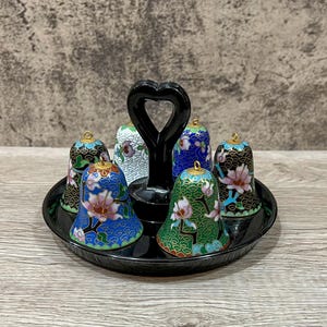 Vintage 6 Colorful Chinese Cloisonné Bell Set on Black Glass Heart Handled Tray