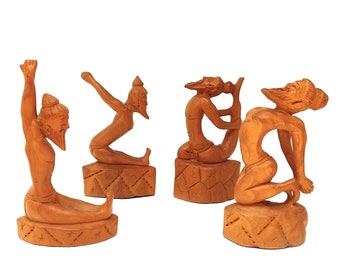 Set of 4 Wood Yoga Posture Hand-carved Yogi Asana Sculpture Figurine Statue 6"