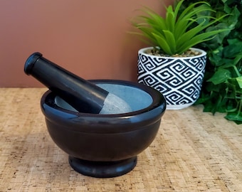 Large Black Marble Mortar and Pestle Set - Handmade Soapstone Kitchen Decor 5"