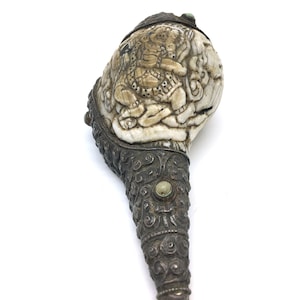 Vintage Tibetan Conch Shell with Bodhisattva and Silver Mount