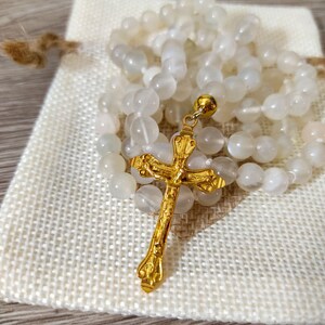 Moonstone Beads Mala Necklace with Gold Plated Crucifix Pendant 31&quot; Handmade