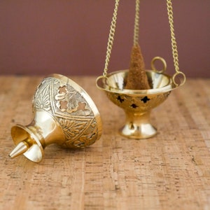 Brass Hanging Incense Burner | Handmade Golden Incense Holder With Tray 4.5"