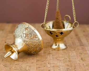 Brass Hanging Incense Burner | Handmade Golden Incense Holder With Tray 4.5"