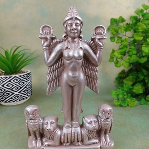 Sumerian Lilith Statue | Handmade Clay Goddess Silver Finish Sculpture - 7.25&quot; Vintage