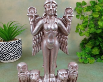Sumerian Lilith Statue | Handmade Clay Goddess Silver Finish Sculpture - 7.25" Vintage