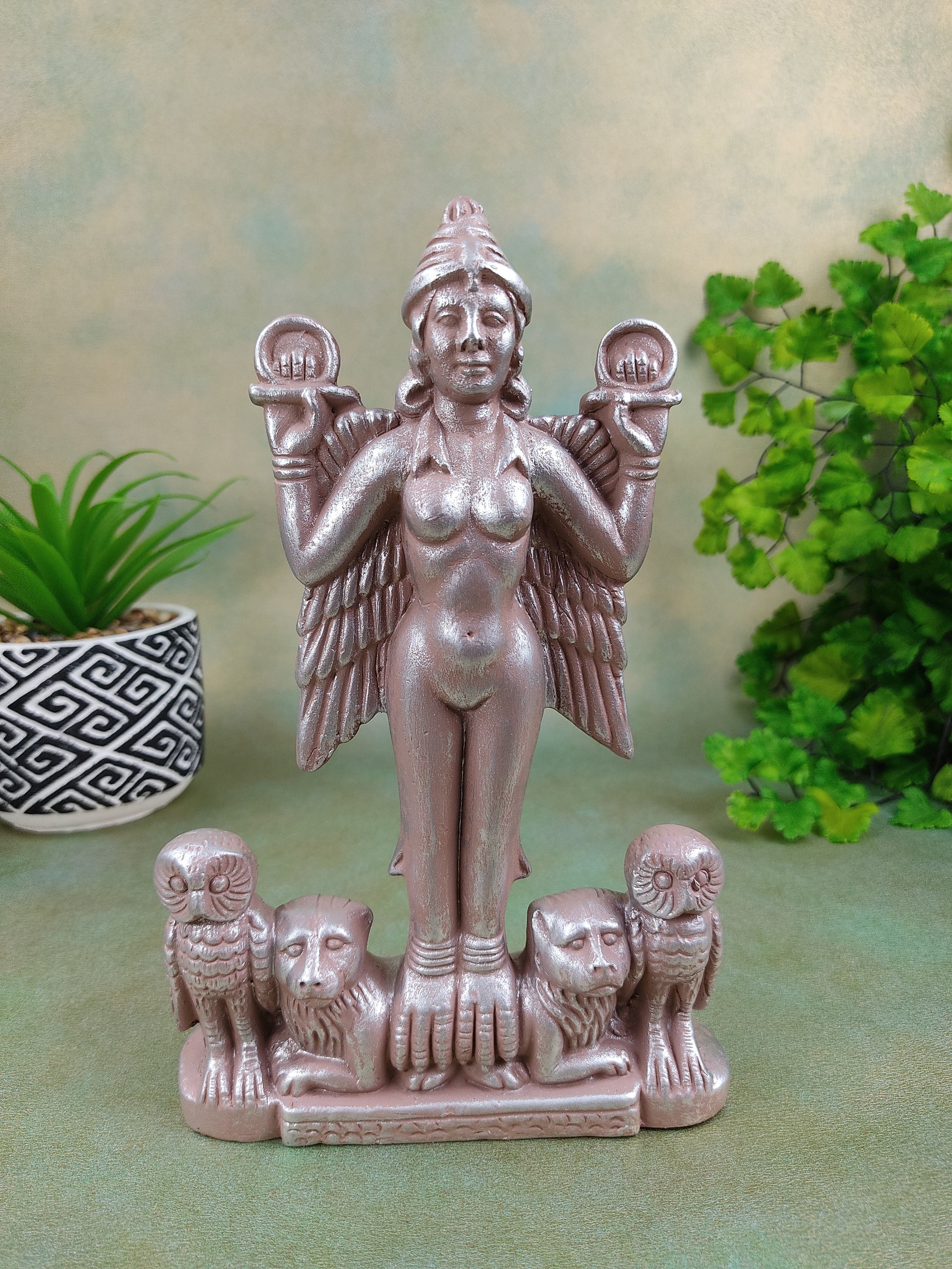 Sumerian Lilith Statue | Handmade Clay Goddess Silver Finish Sculpture - 7.25" Vintage