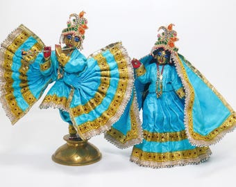 9" Vintage Brass Sri Radha Krishna Murti Statues | Hindu God Deity with Dresses