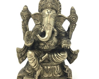Vintage Lord Ganesh Statue | Hinduism God Silver Toned  Brass Sculpture - 6.25"