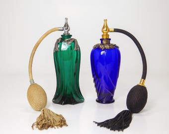 6" Vintage Ornate Cobalt Blue & Emerald Green Glass Perfume Atomizer Bottles
