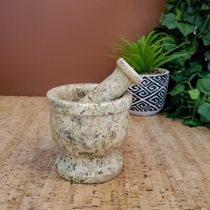 Ensemble mortier et pilon fait main en fossile de corail : décoration de cuisine en pierre naturelle