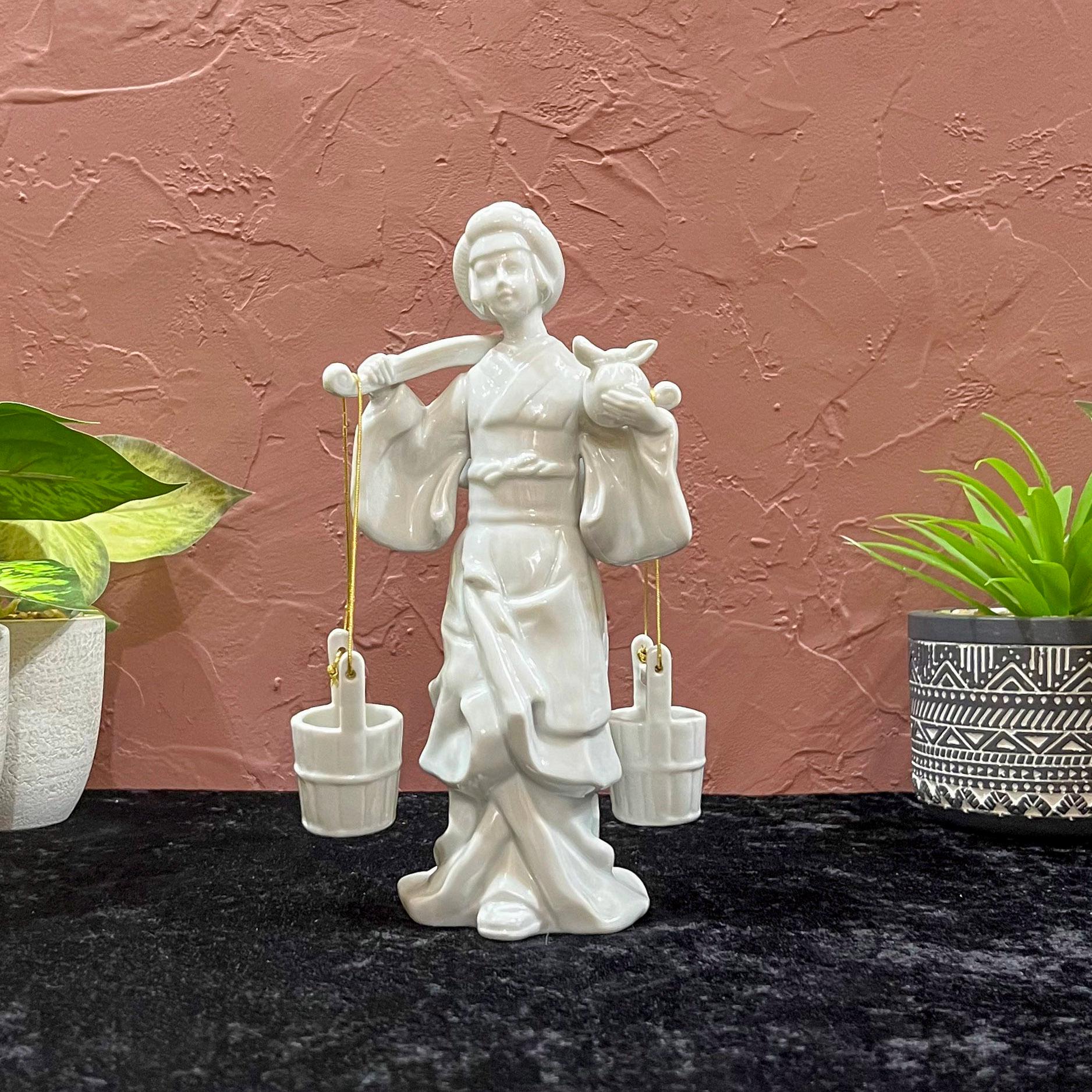 Blanc De Chine Porcelain Asian Woman Water Carrier Statue Figurine - 9" Tall