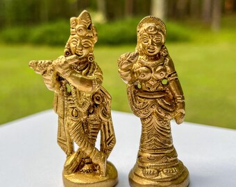 Vintage Miniature Brass Travel Krishna & Radha Statue Set – Hindu God Goddess
