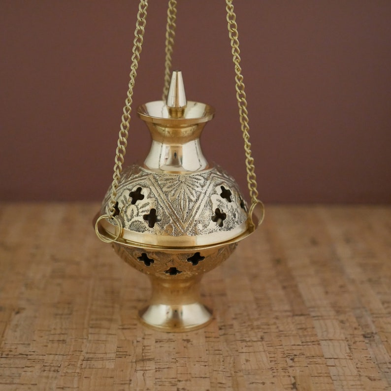 Brass Hanging Incense Burner Handmade Golden Incense Holder With Tray 4.5 image 5