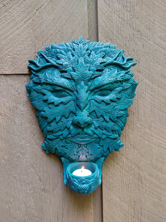 Green Man Wall Plaque Candle Holder Offering Bowl Etsy