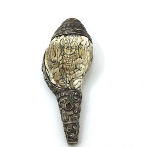 Vintage Tibetan Conch Shell with Bodhisattva and Silver Mount