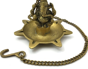 Hanging Brass Diya Lamp| Vintage Ganesh Handmade Aarti Offering Lamp