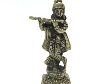 Small Krishna with Flute Statue | Travel Size Hinduism God Krishna Deity 3.5"