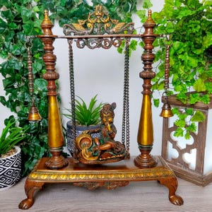 Vintage Baby God Krishna Butter Thief Brass Swing Statue With Bells - 16&quot; Tall