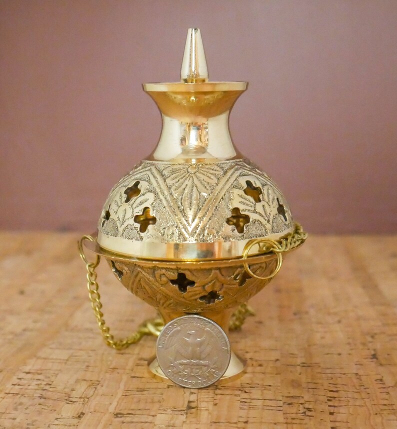 Brass Hanging Incense Burner | Handmade Golden Incense Holder With Tray 4.5"