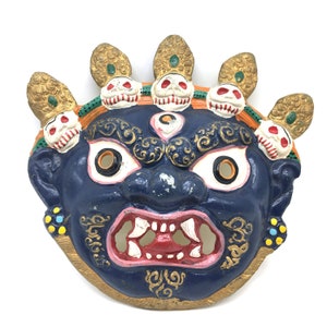Tibetan Mahakala Wrathful Dharma Protector Handmade Metal Mask 6.5&quot; Tall
