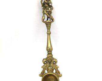 Vintage Brass Krishna Spoon | Hinduism Hawan Pooja Worship Spoon - 9.75" Long